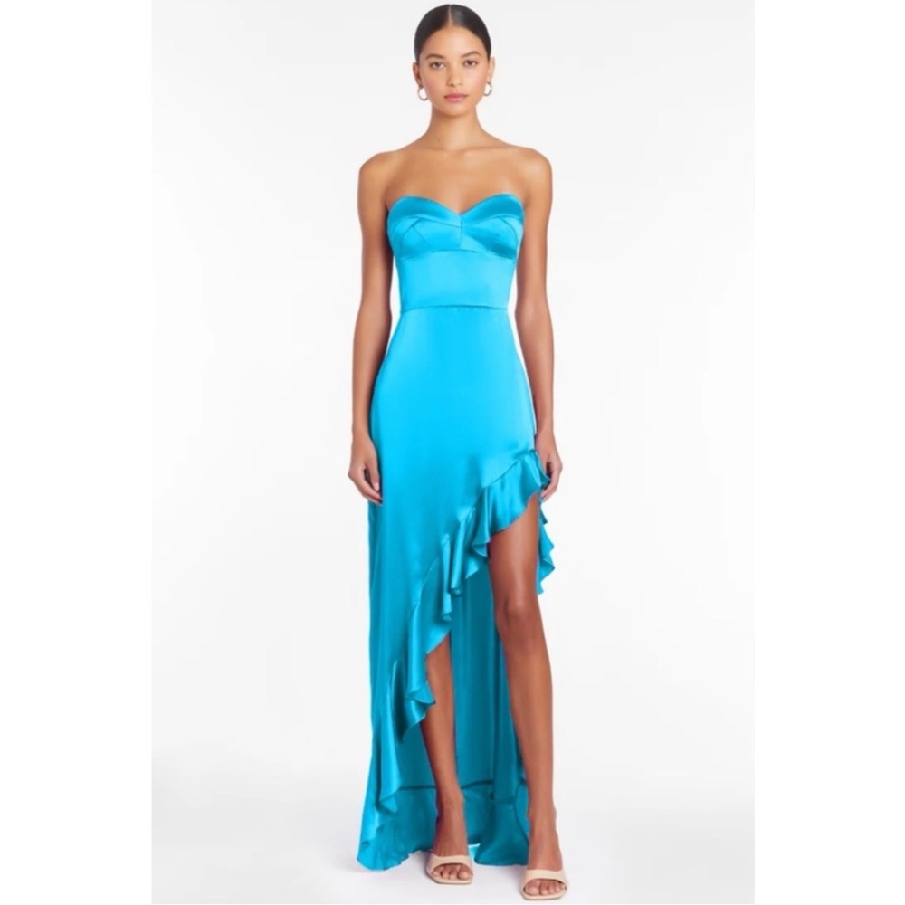 Amanda Uprichard Strapless Aqua Blue Ruffled Maxi Dress